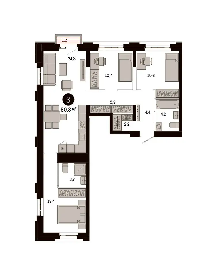 3-х комнатная квартира, 80,30 м², 3 эт., ЖК Метроном, фотография 1