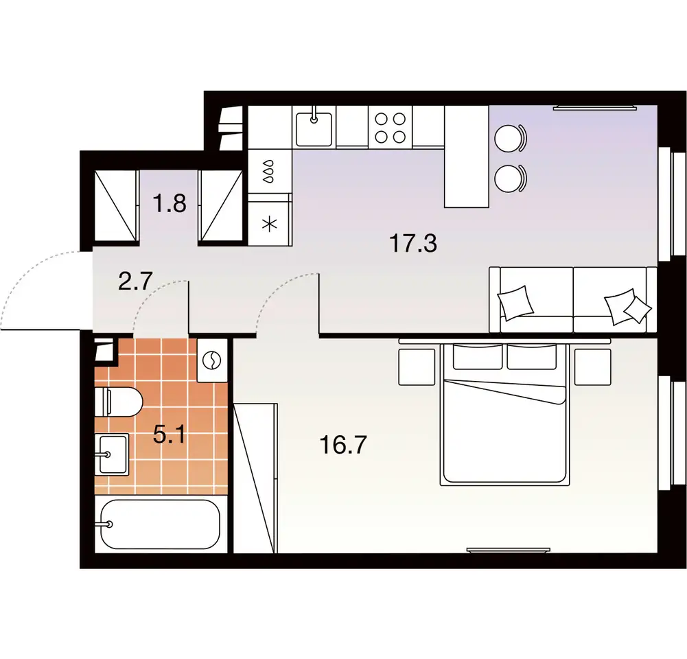 1-но комнатная квартира, 43,60 м², 27 эт., ЖК TWELVE, фотография 1