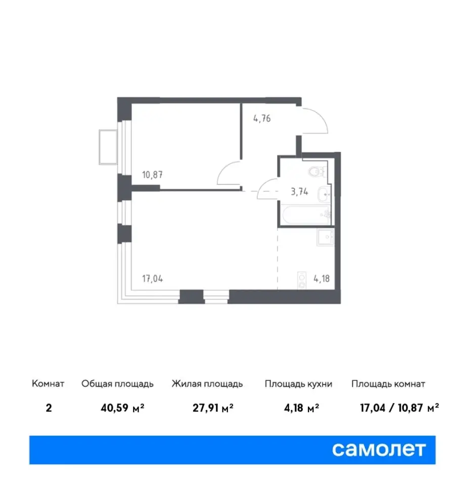 2-х комнатная квартира, 40,59 м², 11 эт., ЖК Новое Видное, фотография 1