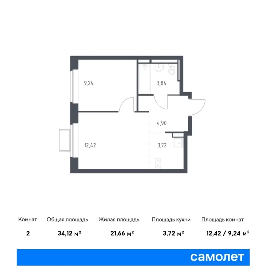 2-х комнатная квартира, 34,12 м², 10 эт., ЖК Новое Видное, фотография 1