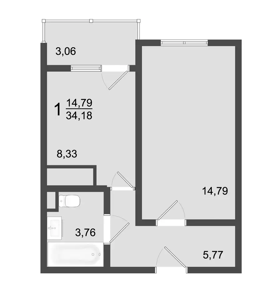 1-но комнатная квартира, 34,18 м², 3 эт., ЖК Клевер, фотография 1