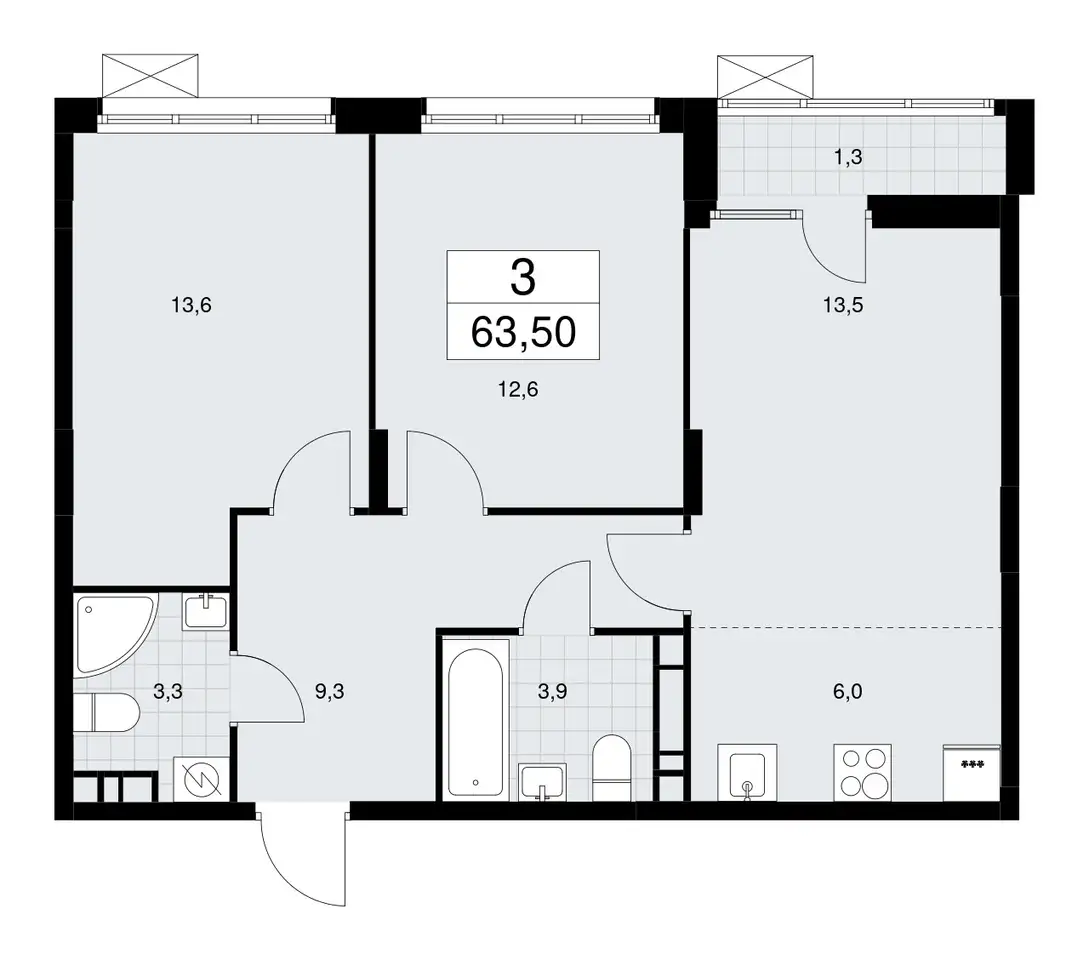 2-х комнатная квартира, 63,50 м², 9 эт., ЖК Дзен кварталы, фотография 1