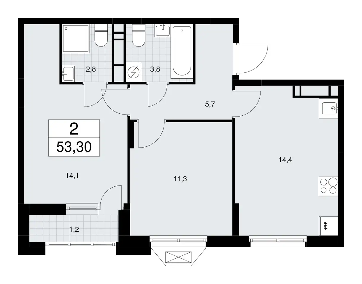 2-х комнатная квартира, 53,30 м², 13 эт., ЖК Бунинские Кварталы, фотография 1