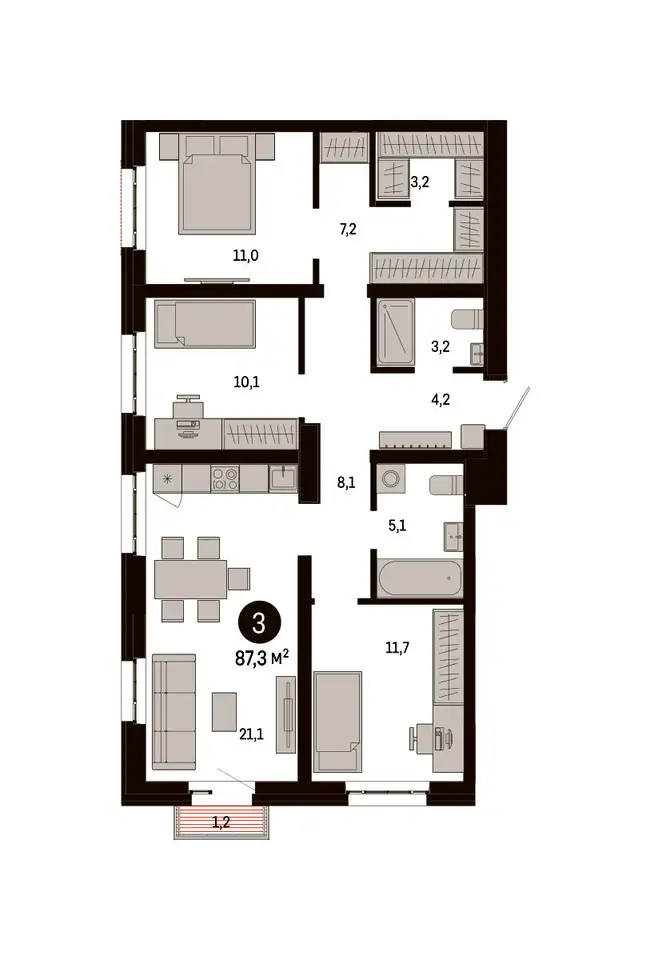 3-х комнатная квартира, 87,30 м², 8 эт., ЖК Метроном, фотография 1
