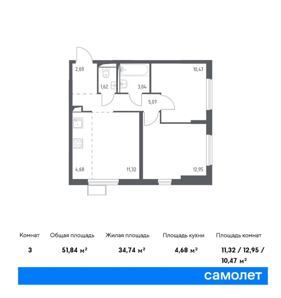 3-х комнатная квартира, 51,84 м², 14 эт., ЖК Остафьево, фотография 1