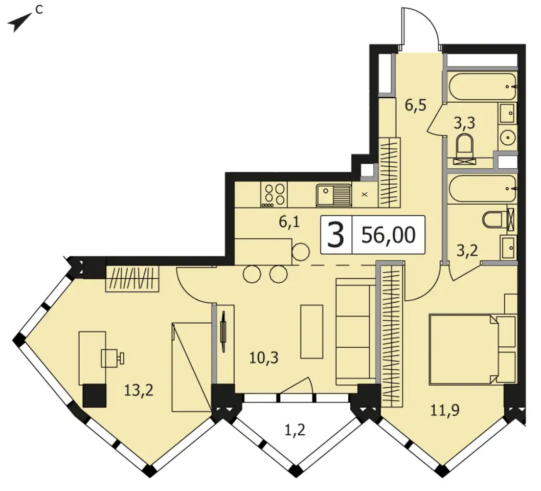 2-х комнатная квартира, 56,00 м², 23 эт., ЖК INDY TOWERS, Инди Тауэрс, фотография 1