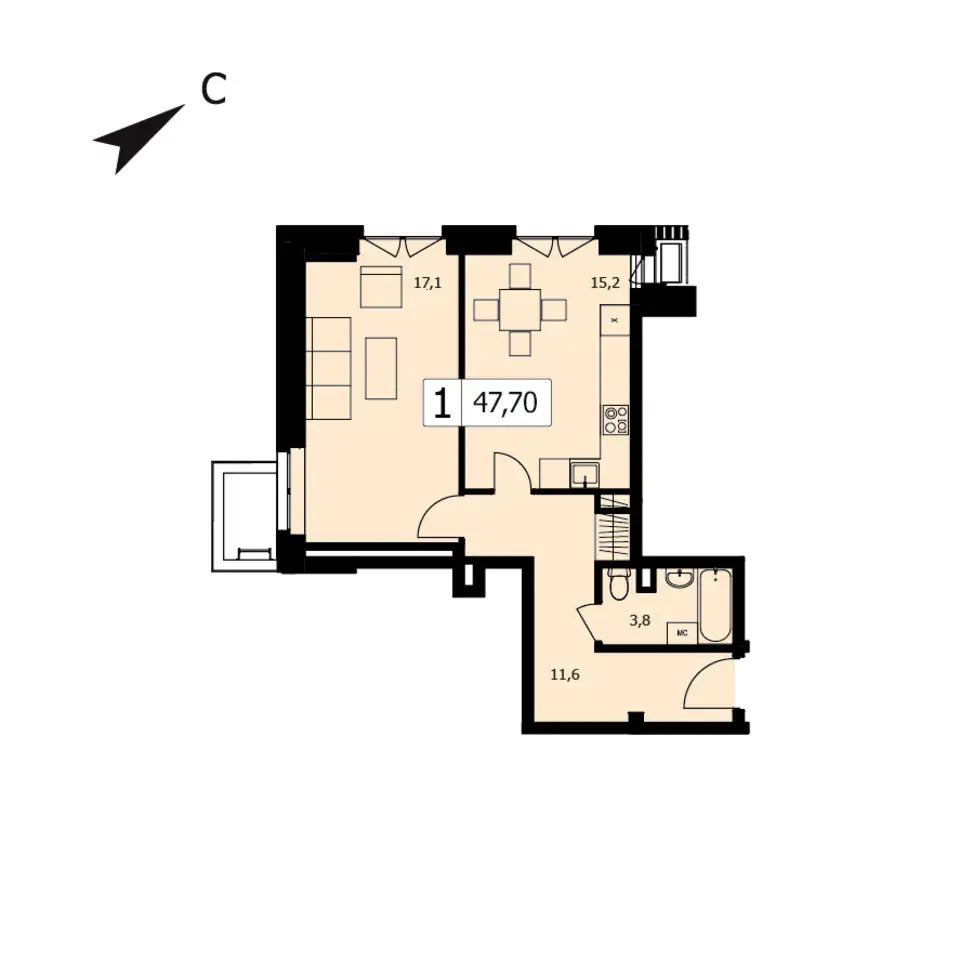 1-но комнатная квартира, 47,70 м², 1 эт., ЖК TWICE, ТВАЙС, фотография 2