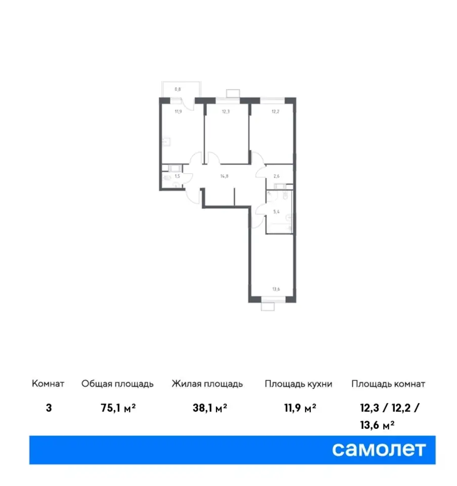 3-х комнатная квартира, 75,10 м², 10 эт., ЖК Цветочные поляны, фотография 1