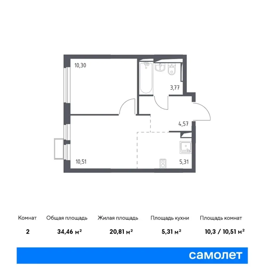 2-х комнатная квартира, 34,46 м², 4 эт., ЖК Остафьево, фотография 1