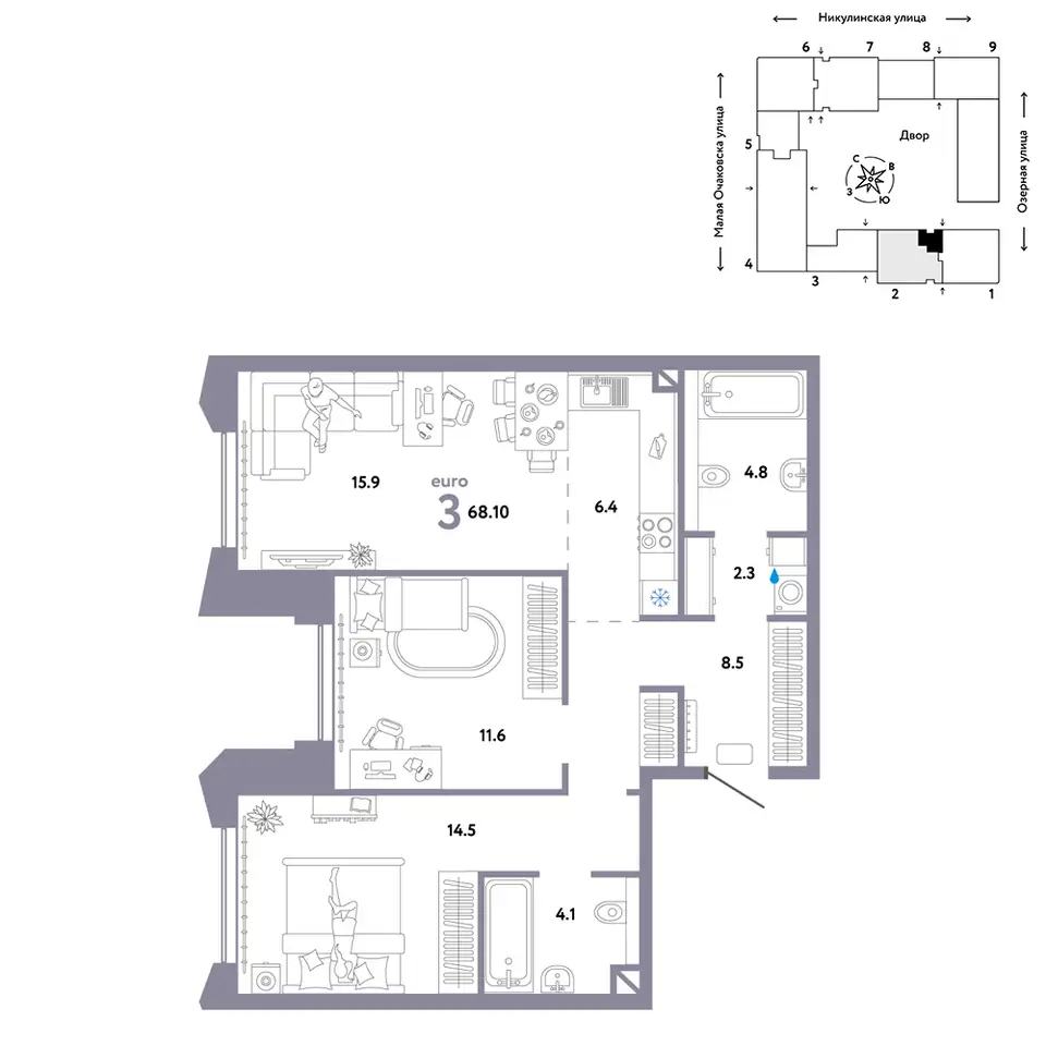 2-х комнатная квартира, 68,10 м², 23 эт., ЖК Страна озёрная, фотография 2
