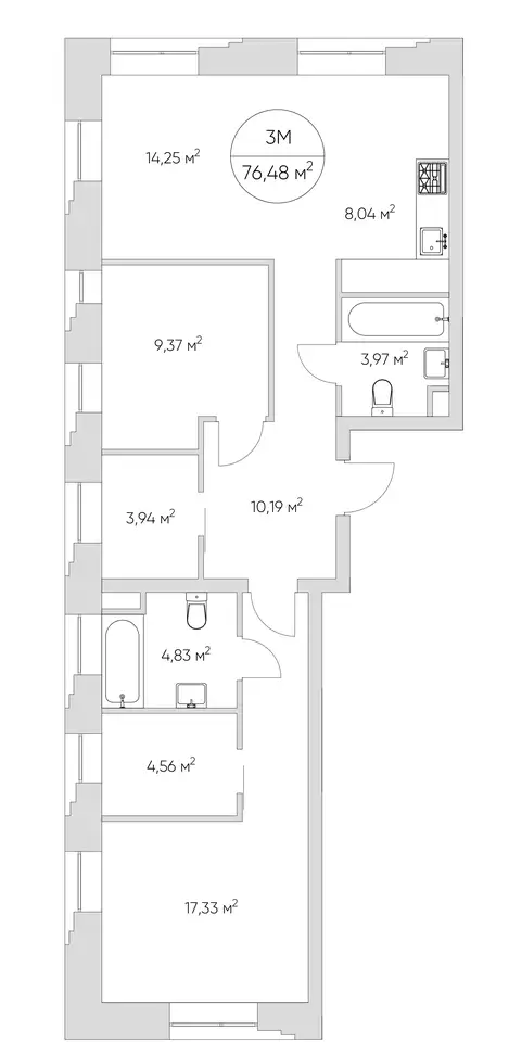 3-х комнатная квартира, 76,48 м², 11 эт., ЖК NiceLoft, НайсЛофт, фотография 2