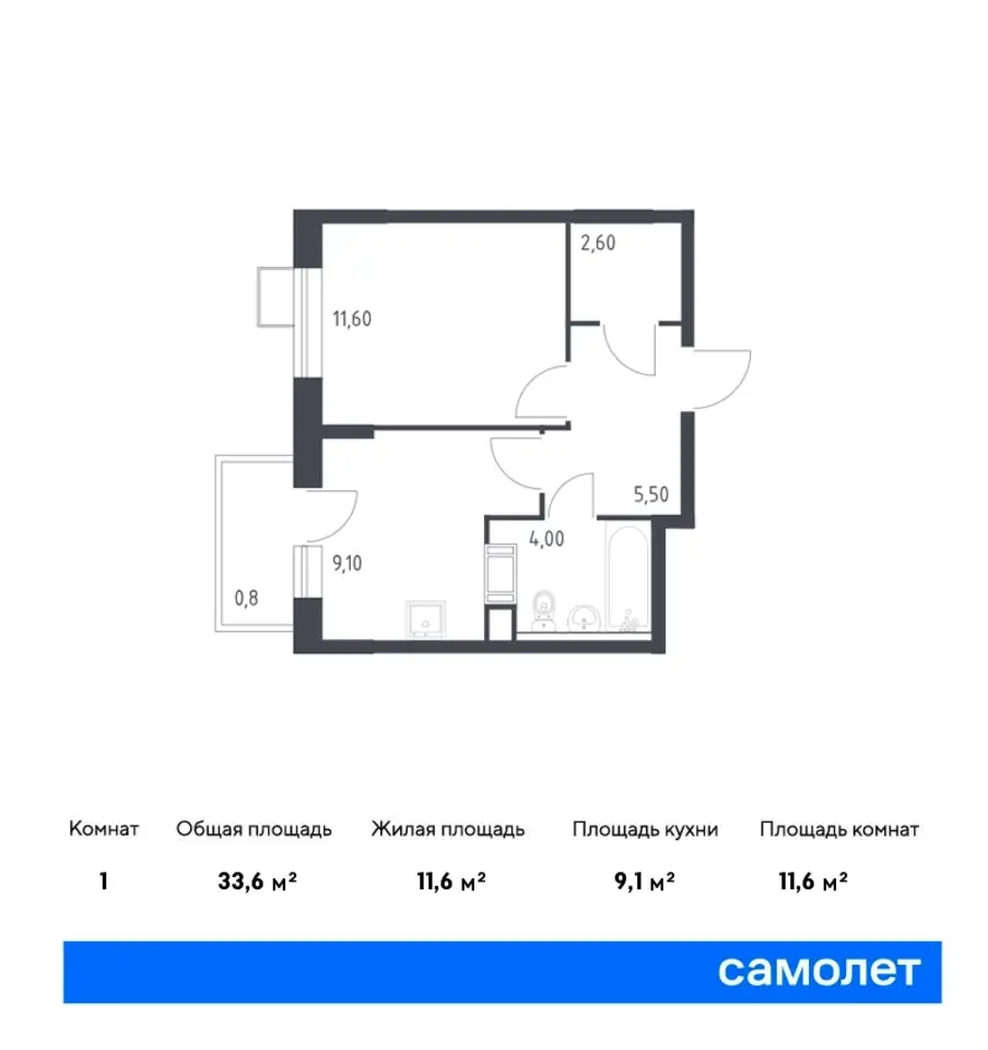 1-но комнатная квартира, 33,60 м², 14 эт., ЖК Цветочные поляны, фотография 1