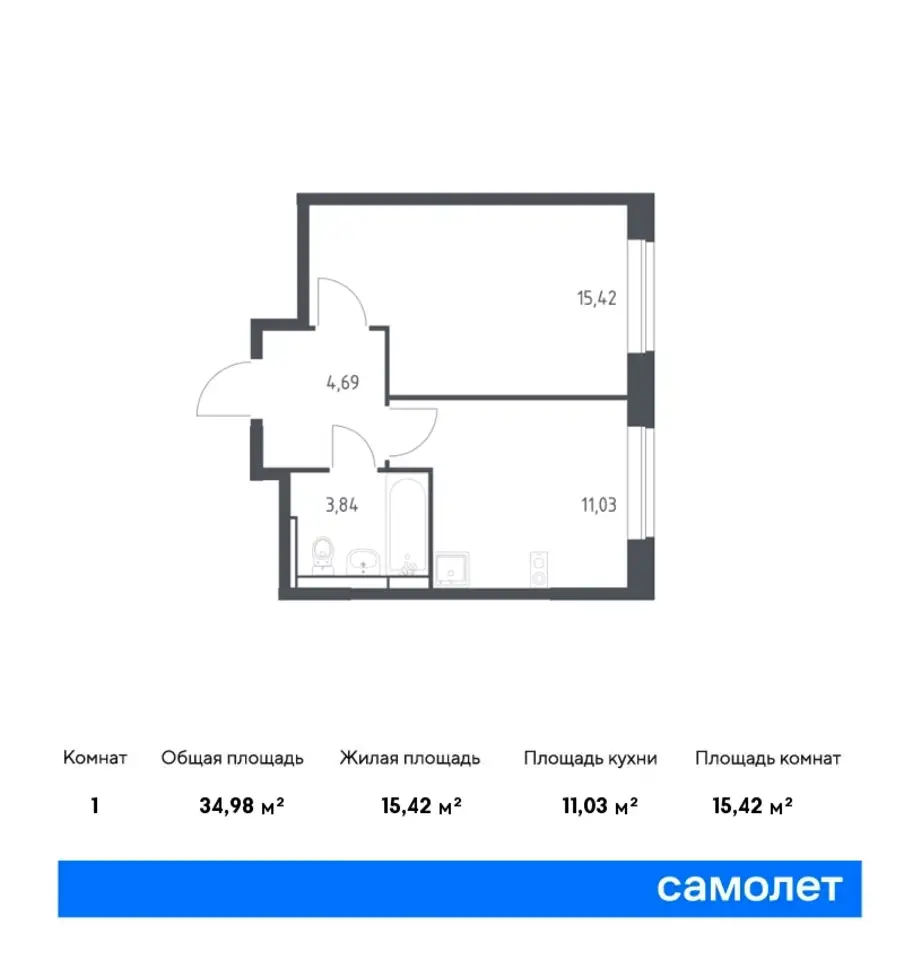 1-но комнатная квартира, 34,98 м², 14 эт., ЖК Новое Видное, фотография 1