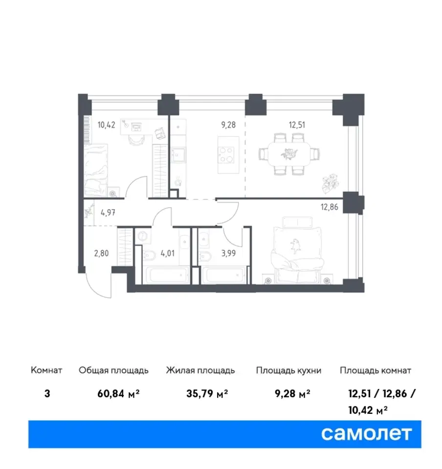 3-х комнатная квартира, 60,84 м², 8 эт., ЖК NOVA, фотография 1
