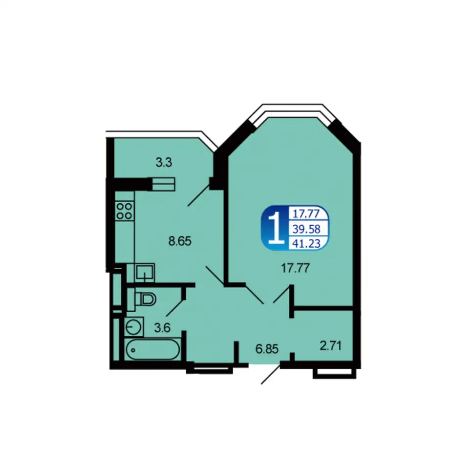 1-но комнатная квартира, 41,23 м², 6 эт., ЖК Москворецкий, фотография 1