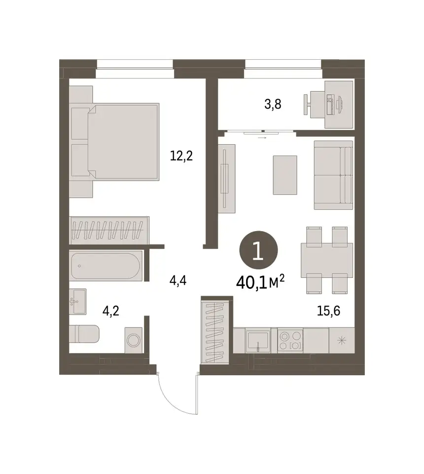 1-но комнатная квартира, 40,06 м², 7 эт., ЖК Первый Квартал, фотография 1