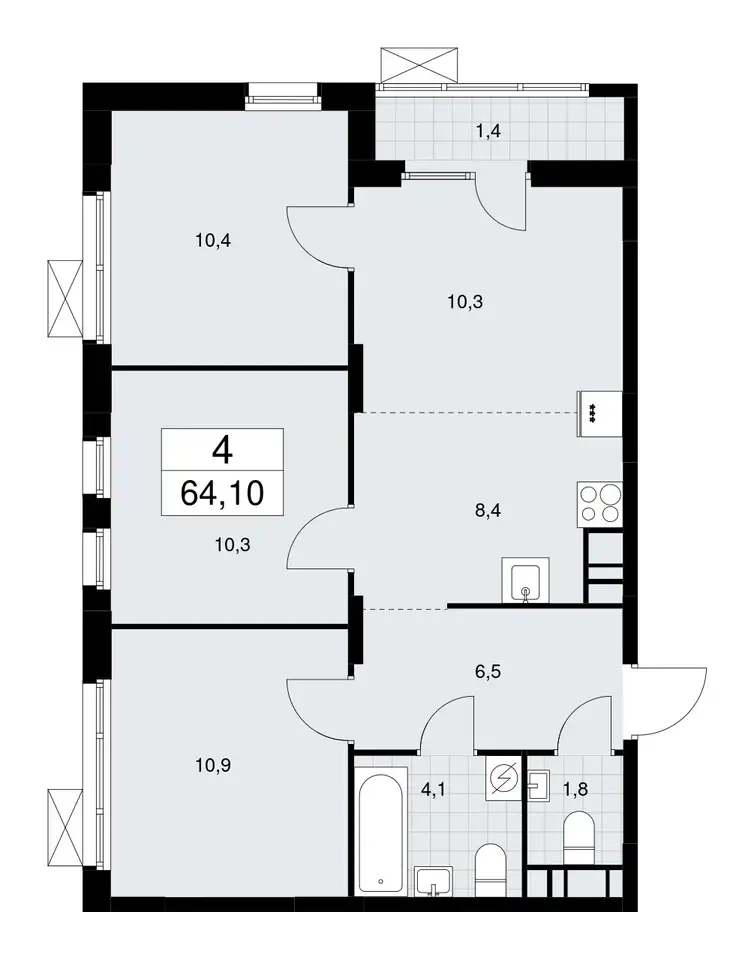 3-х комнатная квартира, 64,10 м², 9 эт., ЖК Дзен кварталы, фотография 1