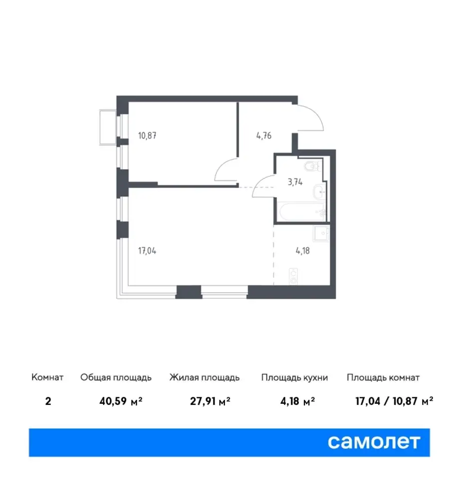 2-х комнатная квартира, 40,59 м², 12 эт., ЖК Новое Видное, фотография 1