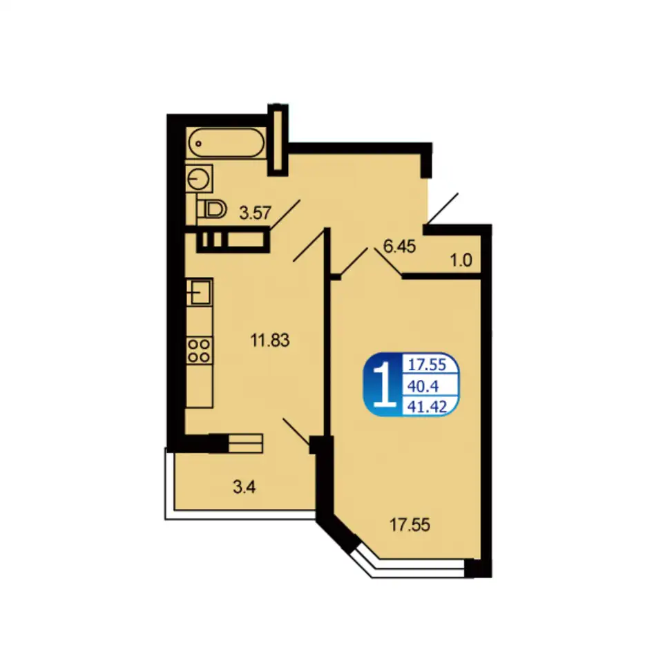 1-но комнатная квартира, 41,80 м², 2 эт., ЖК Москворецкий, фотография 1