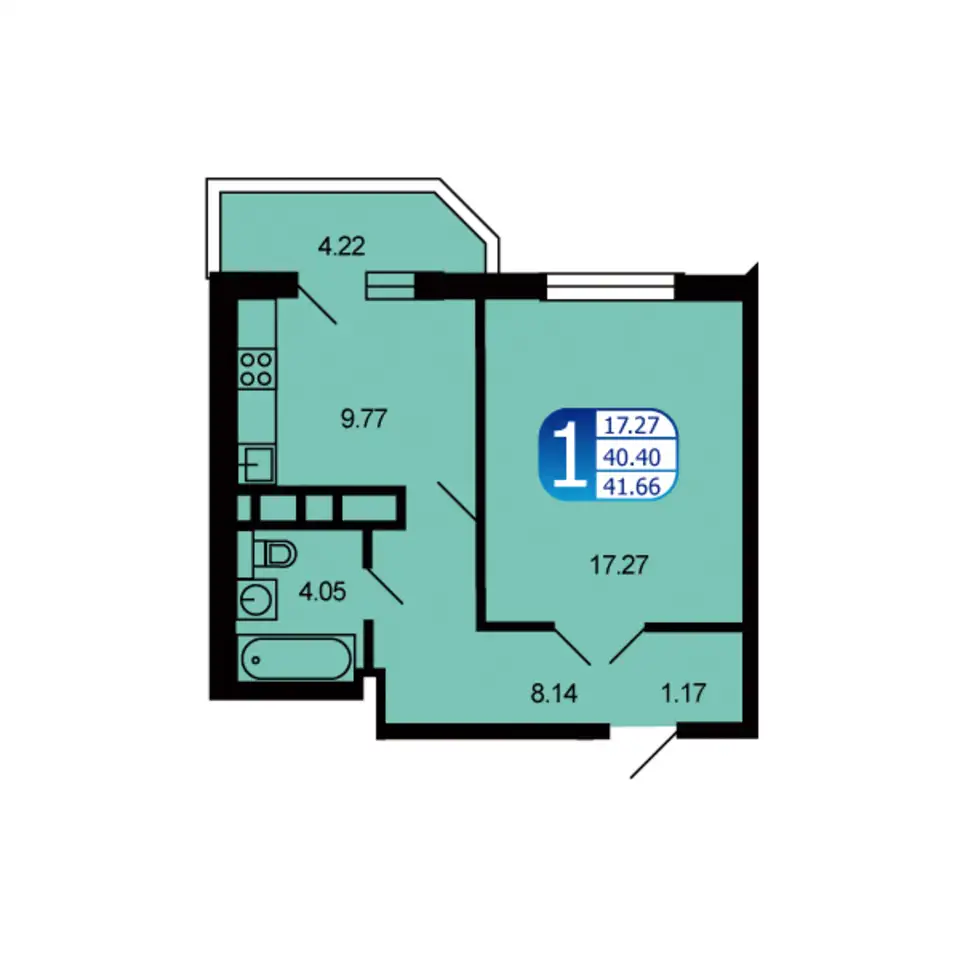 1-но комнатная квартира, 41,66 м², 7 эт., ЖК Москворецкий, фотография 1