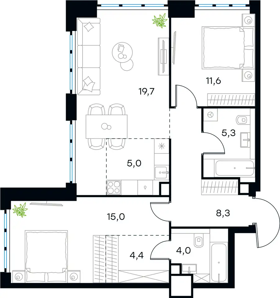 3-х комнатная квартира, 73,30 м², 16 эт., ЖК Level Южнопортовый, Левел Южнопортовый, фотография 1