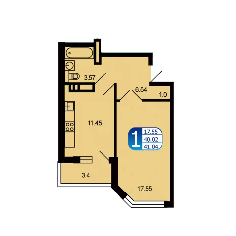 1-но комнатная квартира, 41,00 м², 3 эт., ЖК Москворецкий, фотография 1