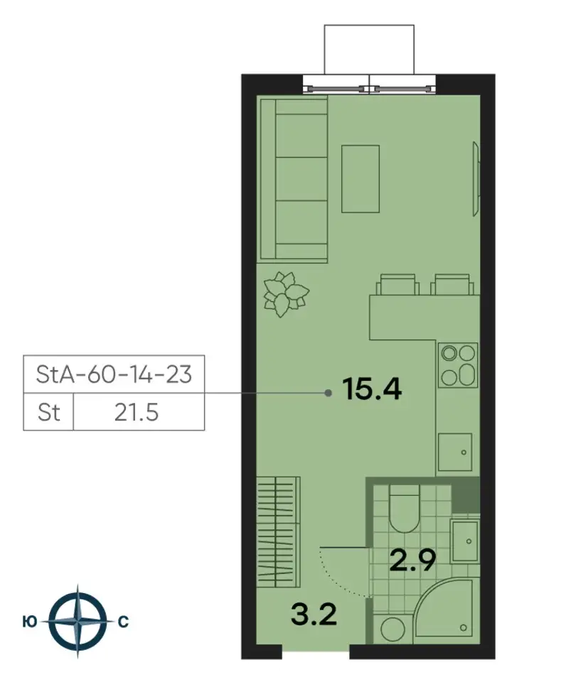 1-но комнатная квартира, 21,50 м², 14 эт., ЖК Park Side, Парк Сайд, фотография 3