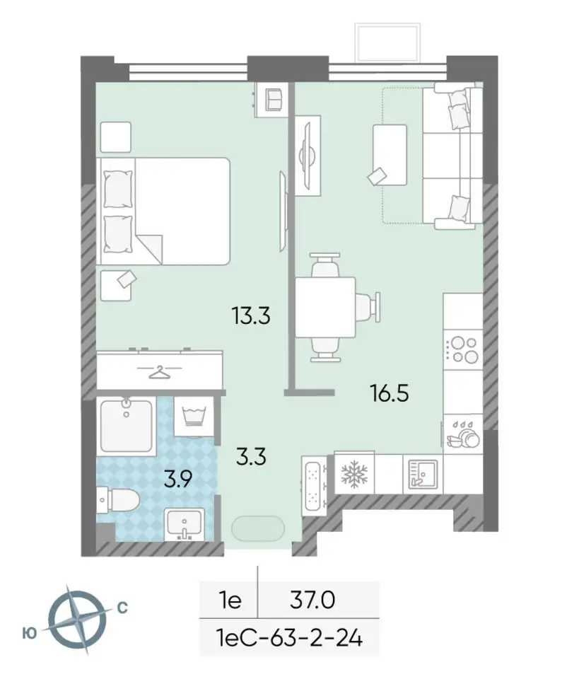 1-но комнатная квартира, 37,00 м², 7 эт., ЖК Лучи, фотография 2