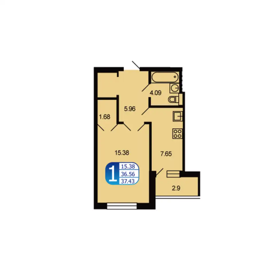 1-но комнатная квартира, 37,40 м², 2 эт., ЖК Москворецкий, фотография 1