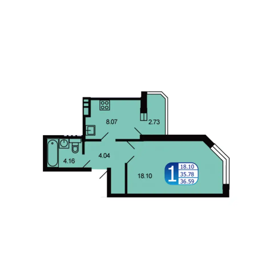 1-но комнатная квартира, 36,30 м², 2 эт., ЖК Москворецкий, фотография 1