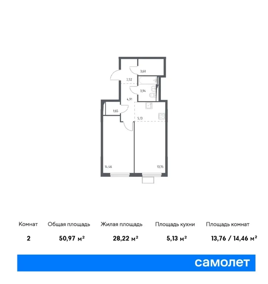 2-х комнатная квартира, 50,97 м², 14 эт., ЖК Остафьево, фотография 1