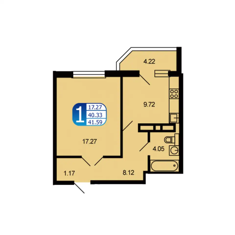 1-но комнатная квартира, 41,59 м², 7 эт., ЖК Москворецкий, фотография 1