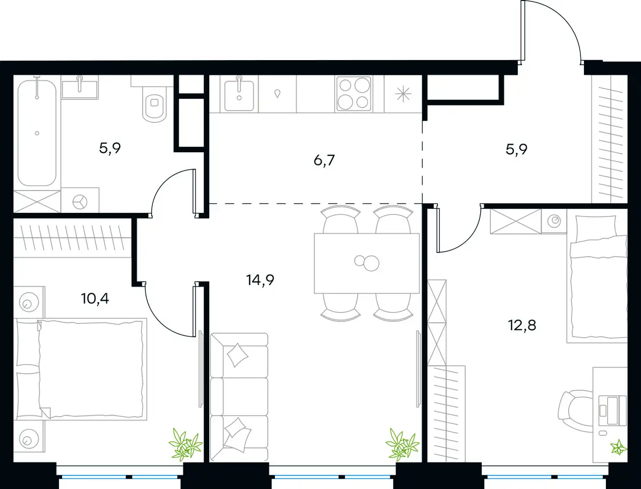 3-х комнатная квартира, 56,50 м², 28 эт., ЖК Level Мичуринский, Левел Мичуринский, фотография 1