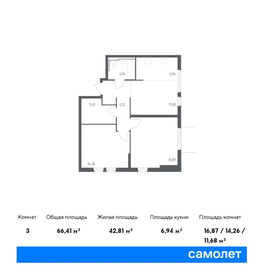 3-х комнатная квартира, 66,41 м², 13 эт., ЖК Остафьево, фотография 1