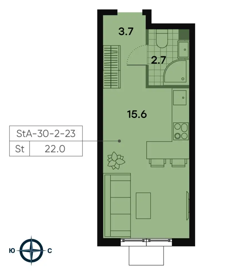 1-но комнатная квартира, 22,00 м², 23 эт., ЖК Park Side, Парк Сайд, фотография 1